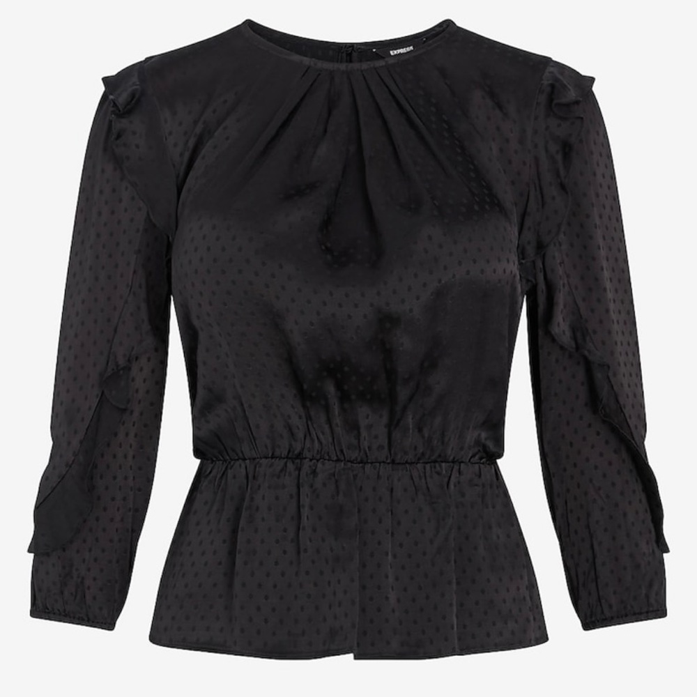 NWT Express Black Jacquard Polka Dot Ruffle Sleeve Peplum Top